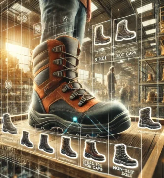 DALL·E 2024 08 31 02.47.34 A detailed image of a construction worker standing on a job site carefully selecting a pair of safety boots from a display. The background shows vari Las 10 marcas líderes de botas de seguridad en 2024