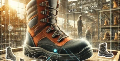 DALL·E 2024 08 31 02.47.34 A detailed image of a construction worker standing on a job site carefully selecting a pair of safety boots from a display. The background shows vari Las 10 marcas líderes de botas de seguridad en 2024